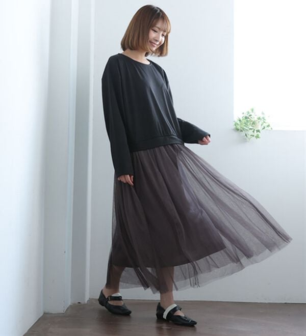 A HAPPY MARILYN（アハッピーマリリン）の「【Ｌ～６Ｌ】ゆるっと着られるチュールスカートドッキングワンピース（ドッキングワンピース）」｜詳細画像