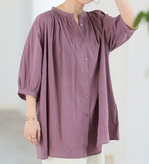 A HAPPY MARILYN（アハッピーマリリン）の「【Ｌ～６Ｌ】【風通るプレミアム】綿・楊柳七分袖はしごレースブラウス（ブラウス）」｜プラム