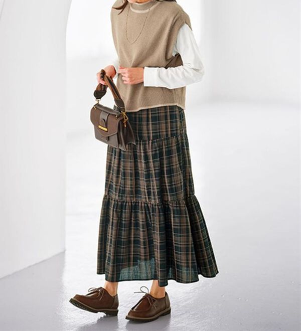 BELLUNA（ベルーナ）の「綿１００％チェック柄ティアードスカート（ロングスカート）」｜詳細画像