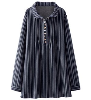 BELLUNA（ベルーナ）の「パチパチしにくい！裏ファー素材オーバーブラウス（ブラウス）」｜ストライプ