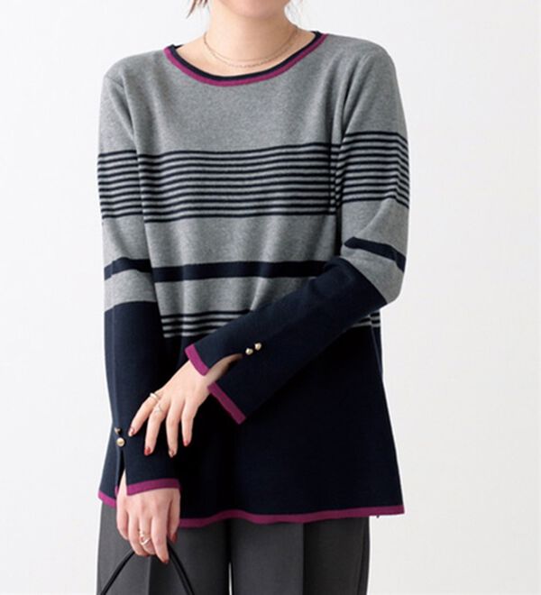 BELLUNA（ベルーナ）の「ボーダー柄袖フレアーニットプルオーバー（ニット・セーター）」｜杢グレー&times;ネイビー