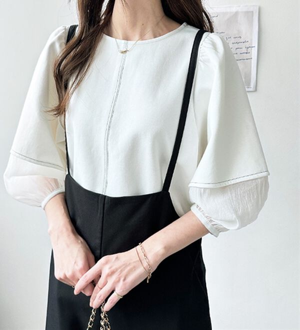 GeeRA（ジーラ）の「袖シアー切替ランタンスリーブトップス（カットソー）」｜詳細画像