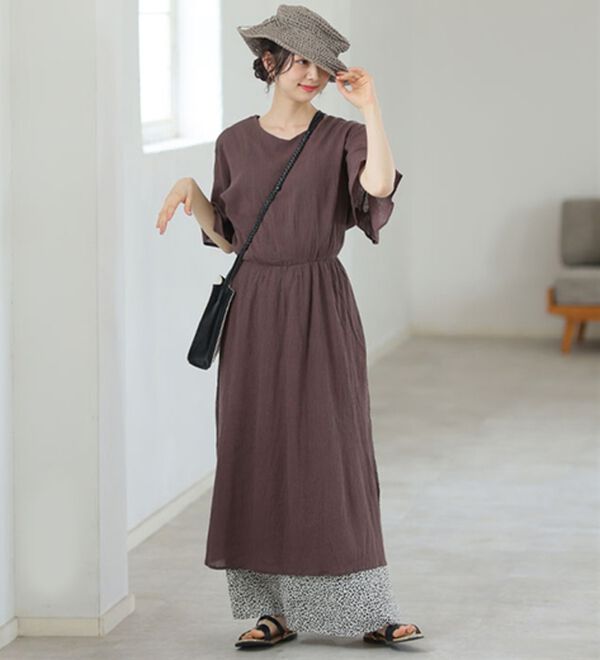 A HAPPY MARILYN（アハッピーマリリン）の「風通る 綿 楊柳 フレア袖 ウエストゴム ワンピース（カットソーワンピース）」｜詳細画像