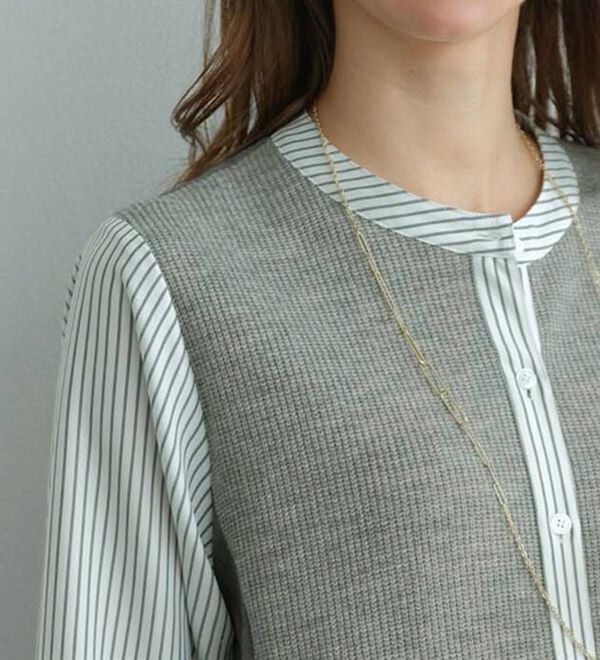 BELLUNA（ベルーナ）の「ストライプ&times;異素材切替シャツチュニック（チュニック）」｜詳細画像