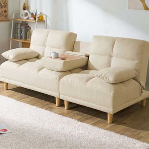 iellio（イエリオ）の「テーブル付３ＷＡＹソファベッド＜３人掛け・クッション付・ドリンクホルダー付・リクライニング・テーブルソファ・脚付きソファ＞（ソファ）」｜アイボリーベージュ