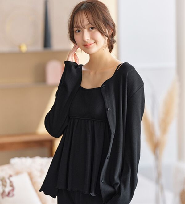 YU'NOW（ユナウ）の「カップ付ワッフルキャミソールルームウエア３点セット（パジャマ・ルームウェア）」｜詳細画像