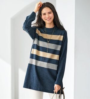 BELLUNA（ベルーナ）の「編地変化ボーダーニットチュニック（チュニック）」｜ネイビー系