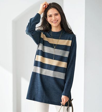 BELLUNA（ベルーナ）の「編地変化ボーダーニットチュニック（チュニック）」
