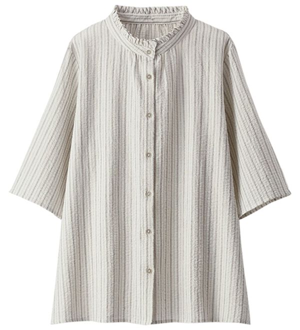 BELLUNA（ベルーナ）の「肌に優しい爽快コットン混フリルブラウス（シャツ）」｜白ストライプ