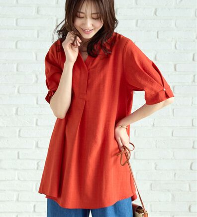 BELLUNA（ベルーナ）の「【接触冷感】麻調素材袖パール付シャツチュニック（チュニック）」