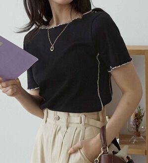 CHAN ME（チャンミ）の「配色ボートネックメロートップス（Tシャツ）」｜ブラック