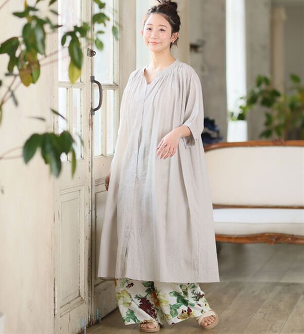 A HAPPY MARILYN（アハッピーマリリン）の「【Ｌ～６Ｌ】【風通るプレミアム】綿・楊柳、五分袖ギャザーたっぷりワンピース。（ロングワンピース）」｜詳細画像