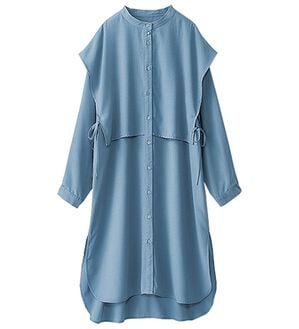 BELLUNA（ベルーナ）の「麻調素材レイヤード風ロングシャツ（シャツワンピース）」｜ブルー