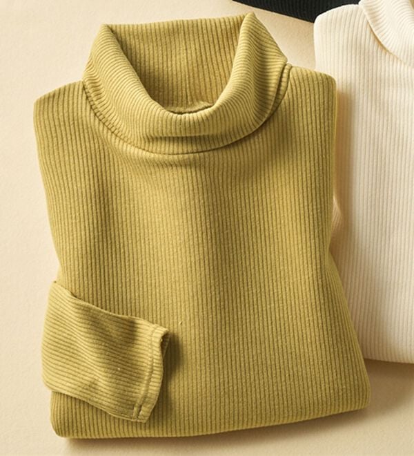 BELLUNA（ベルーナ）の「まるでニット！サラッと軽いリブハイネックプルオーバー（カットソー）」｜イエロー
