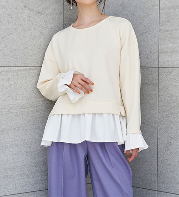 RANAN（ラナン）の「＜ＨＳ＞重ね着風配色フリルプルオーバー（カットソー）」｜アイボリー／オフ