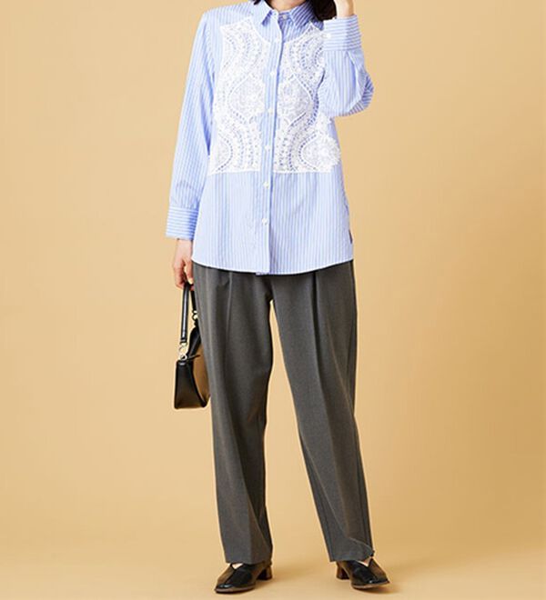 BELLUNA（ベルーナ）の「【Ｌａｇｒｉｌｕａ】レース使いストライプシャツチュニック（チュニック）」｜詳細画像