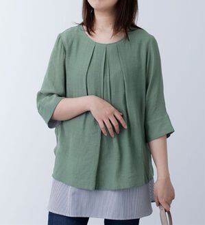 BELLUNA（ベルーナ）の「スラブ素材袖＆裾切替チュニック（チュニック）」｜ライトグリーン