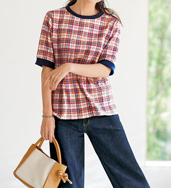 BELLUNA（ベルーナ）の「リブ付チェック柄涼感Ｔブラウス（ブラウス）」｜詳細画像