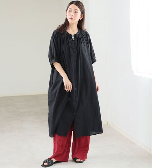 A HAPPY MARILYN（アハッピーマリリン）の「【Ｌ～６Ｌ】【風通るプレミアム】綿・楊柳、五分袖ギャザーたっぷりワンピース。（ロングワンピース）」｜詳細画像