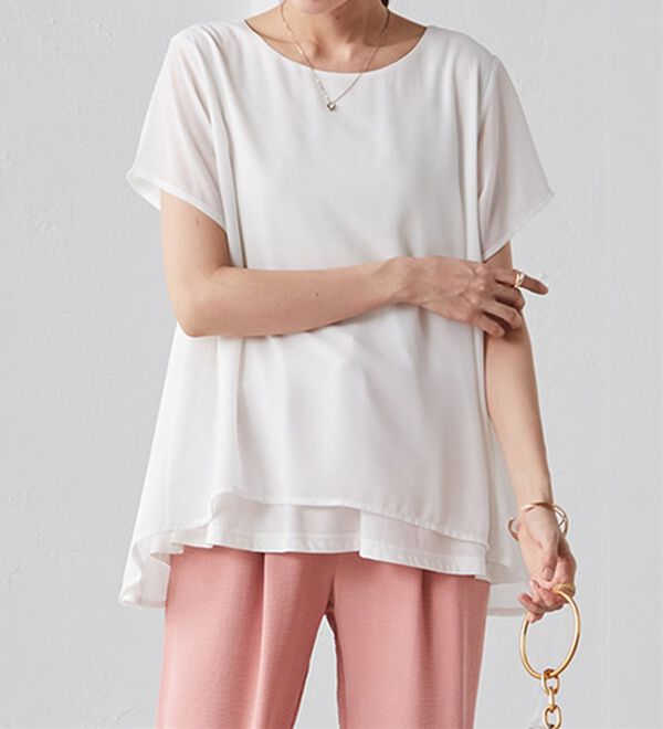 RANAN（ラナン）の「ひんやり！異素材使い重ねチュニック・プルオーバー（カットソー）」｜オフホワイト