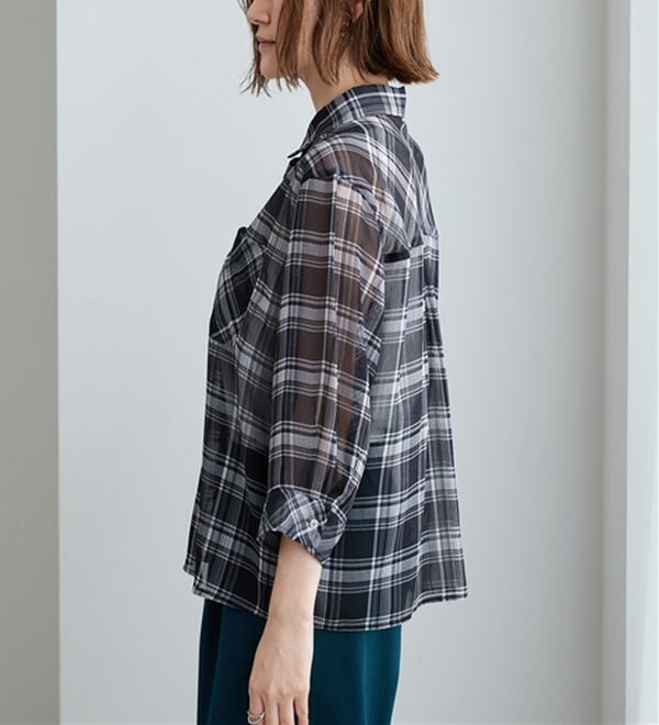 BELLUNA（ベルーナ）の「シフォン楊柳チェック柄プリントシャツ（シャツ）」｜詳細画像