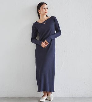 RANAN（ラナン）の「アシメネックリブワンピース（ロングワンピース）」｜ネイビー