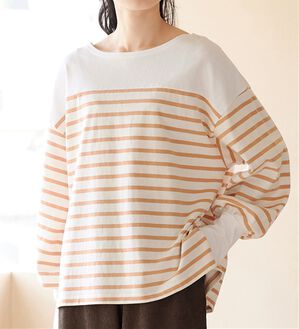 Viola e Viola（ヴィオラ エ ヴィオラ）の「トレンドを楽しむ！バスクボーダーパフ袖プルオーバー（カットソー）」｜サーモンオレンジ系