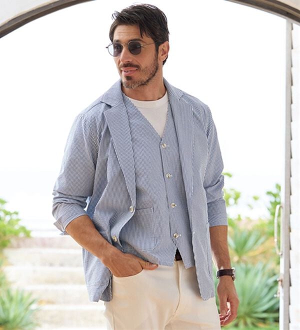 「さらっと快適！麻入りシアサッカーアンサンブル（メンズニット・セーター）」｜詳細画像