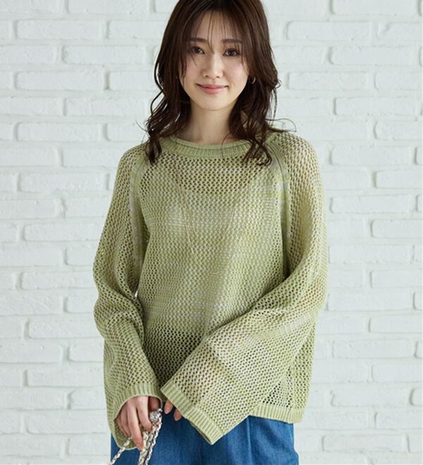 BELLUNA（ベルーナ）の「スパンコール付透かし編みニットプルオーバー（ニット・セーター）」｜ライムグリーン