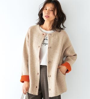 BELLUNA（ベルーナ）の「配色デザイン　ニットジャケット（その他ジャケット）」｜ベージュ&times;オレンジ