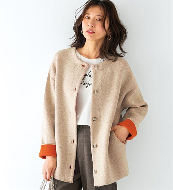 BELLUNA（ベルーナ）の「配色デザイン　ニットジャケット（その他ジャケット）」｜ベージュ&times;オレンジ