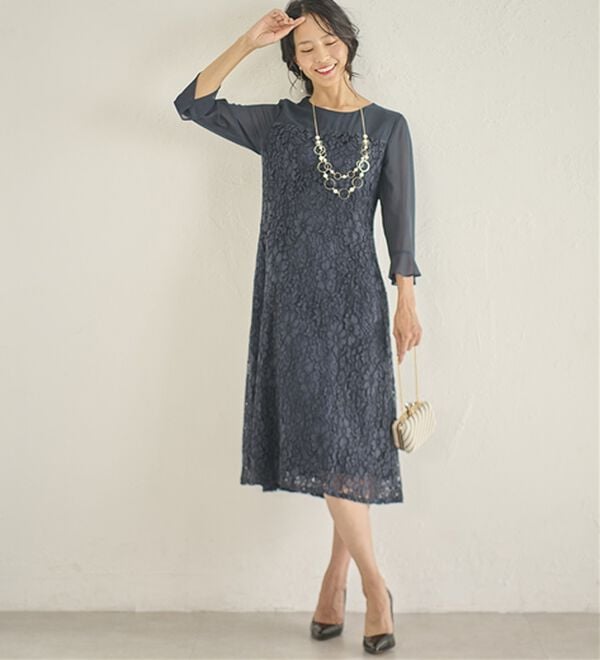 BELLUNA（ベルーナ）の「シャンタン素材ノーカラージャケットレースワンピースアンサンブル（ワンピースセットスーツ）」｜詳細画像