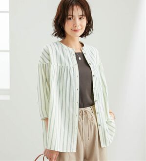 BELLUNA（ベルーナ）の「ダブルガーゼ素材切替デザインブラウス（ブラウス）」｜グリーンストライプ