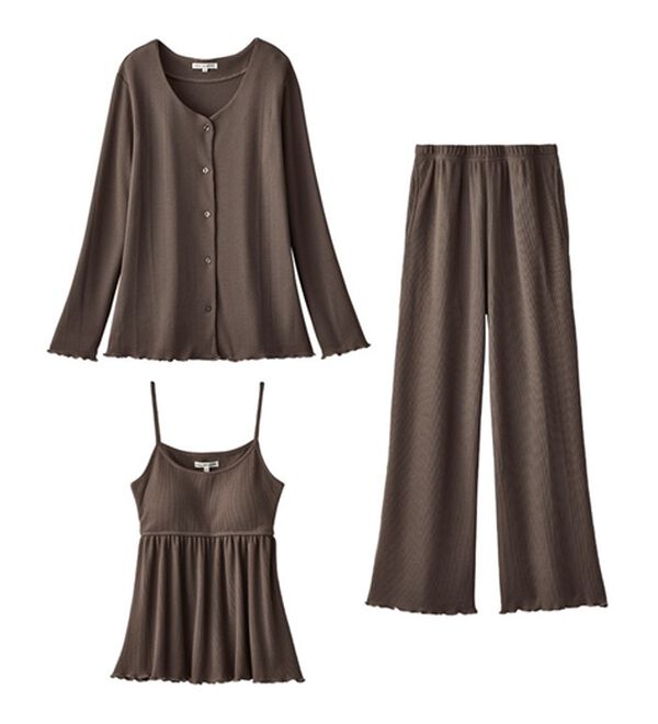 YU'NOW（ユナウ）の「【３点セット】カップ付ワッフルキャミソールルームウェアセット（パジャマ・ルームウェア）」｜詳細画像