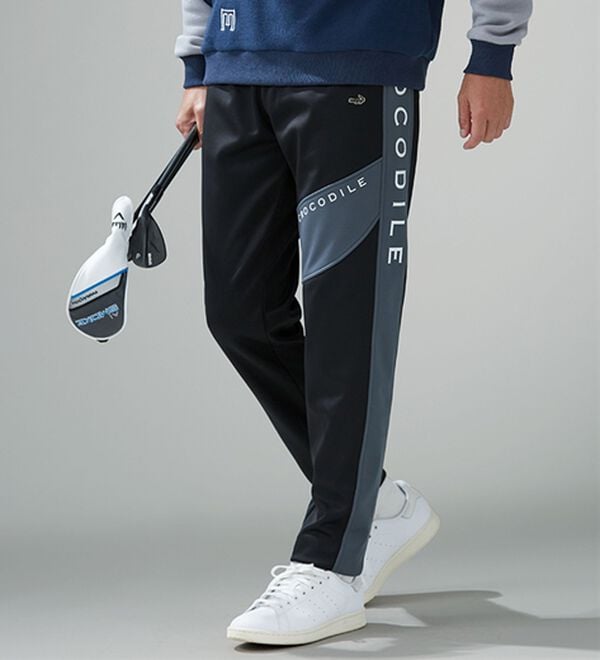「＜クロコダイル＞防風ストレッチ裏フリースジャージパンツ（メンズフルレングスパンツ）」｜ブラック