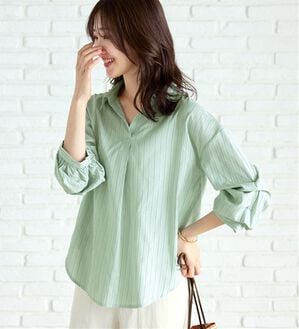 BELLUNA（ベルーナ）の「袖タックデザインスキッパーシャツ（シャツ）」｜グリーンストライプ