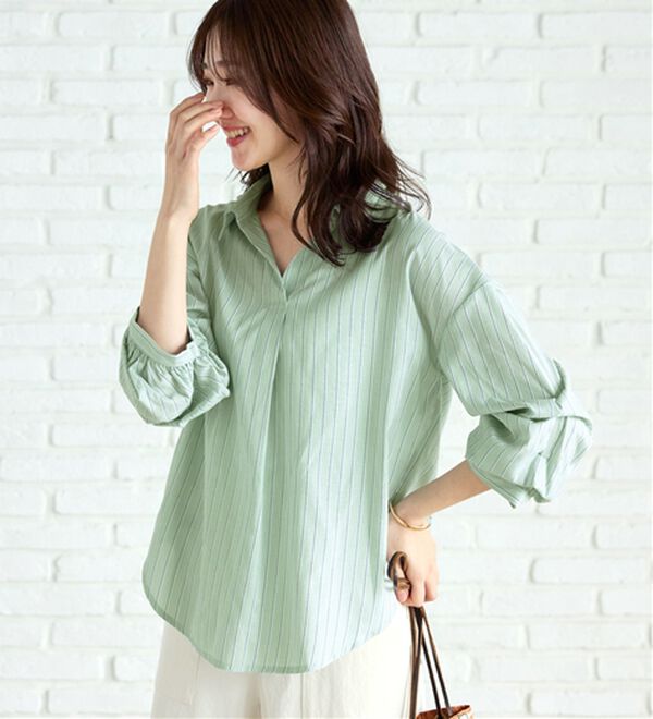 BELLUNA（ベルーナ）の「袖タックデザインスキッパーシャツ（シャツ）」｜グリーンストライプ