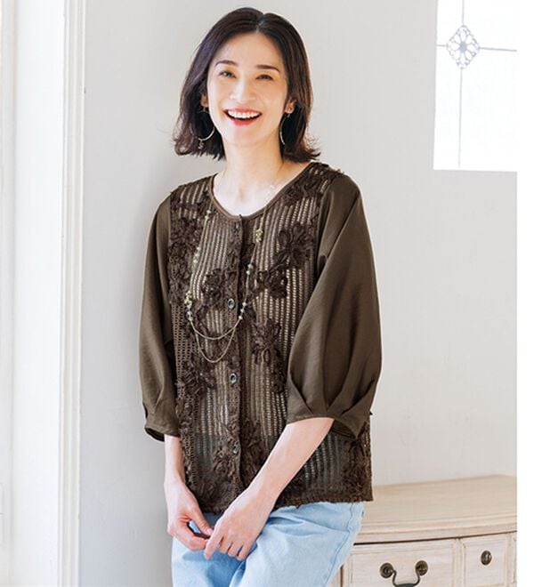 ルフラン（ルフラン）の「フラワーメッシュのブラウスジャケット（シャツ）」｜モカ