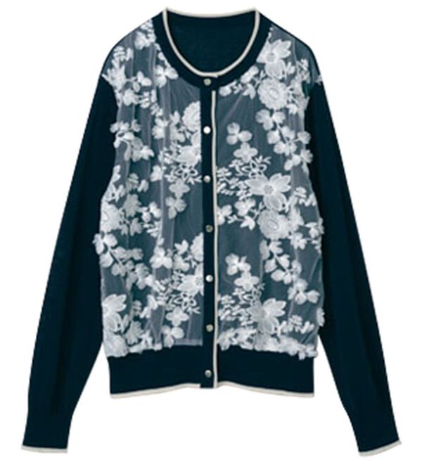 RANAN（ラナン）の「立体レース切替ニットカーディガン（ニットカーディガン）」｜ネイビー