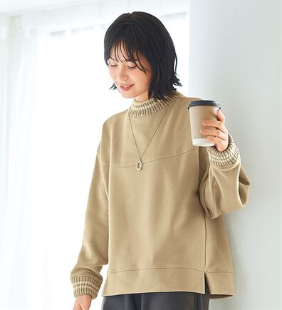 BELLUNA（ベルーナ）の「裏起毛ニット切替袖刺しゅうプルオーバー（カットソー）」
