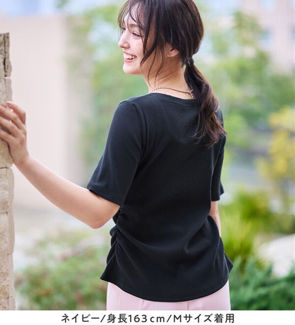 alotta（アロッタ）の「【接触冷感】細見えギャザーデザイン美くびれリブトップス（カットソー）」｜詳細画像