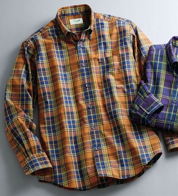 「＜クロコダイル＞長袖チェックシャツ（メンズシャツ）」｜オレンジ系