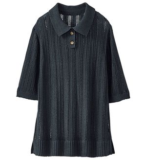 BELLUNA（ベルーナ）の「透かし編み素材ポロ衿ニットプルオーバー（ニット・セーター）」｜ブラック