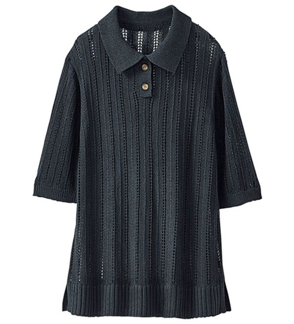 BELLUNA（ベルーナ）の「透かし編み素材ポロ衿ニットプルオーバー（ニット・セーター）」｜ブラック