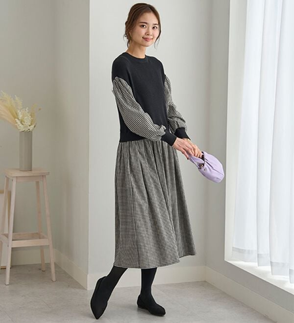 BELLUNA（ベルーナ）の「＜＆ｃｏｃｏｃｈｉ＞ニット切替チェック柄ワンピース（ドッキングワンピース）」｜詳細画像