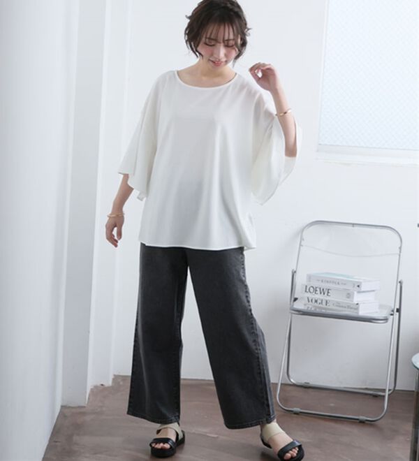 A HAPPY MARILYN（アハッピーマリリン）の「【Ｌ～６Ｌ／選べる丈】チラ見え防止！半袖フレアートップス（ブラウス）」｜詳細画像