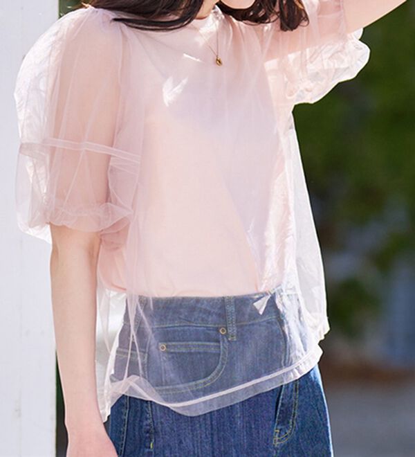 RANAN（ラナン）の「【ひんやり】チュールレイヤードパフスリーブTシャツ（カットソー）」｜詳細画像