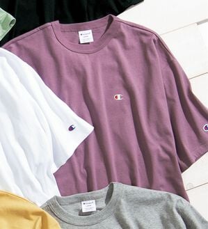 「＜チャンピオン＞綿１００％リラックスフィット５分袖Ｔシャツ（メンズＴシャツ）」｜バイオレットピンク