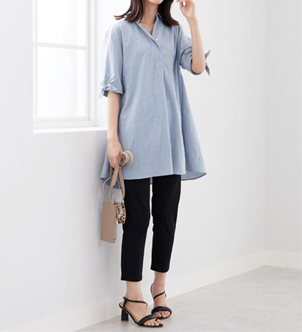 BELLUNA（ベルーナ）の「【接触冷感】麻調素材袖リボン使いシャツチュニック（チュニック）」｜詳細画像