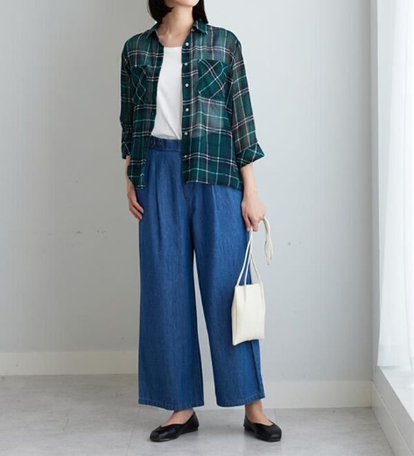 BELLUNA（ベルーナ）の「シフォン楊柳チェック柄プリントシャツ（シャツ）」｜詳細画像